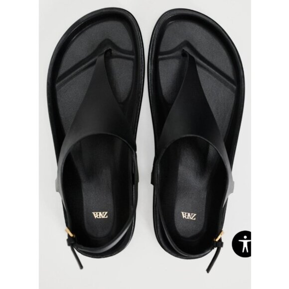 ZARA Women Black Minimalist Slingback Thong Sandals Size 36 Slip-On Flat Summer - Picture 1 of 11